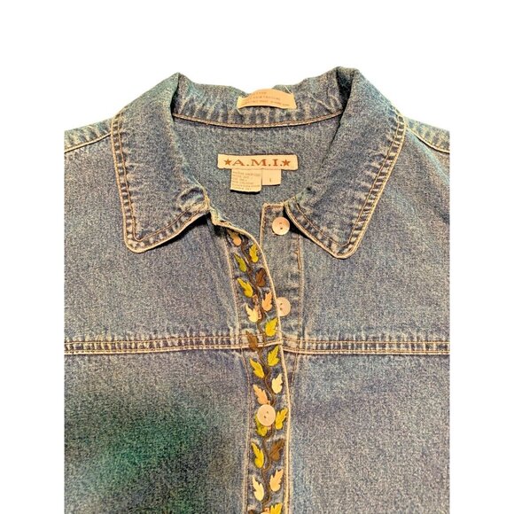 Vtg Denim Floral Embroidered Long Sleeve Shirt Women Size L A.M.I - Button Down - Picture 1 of 13